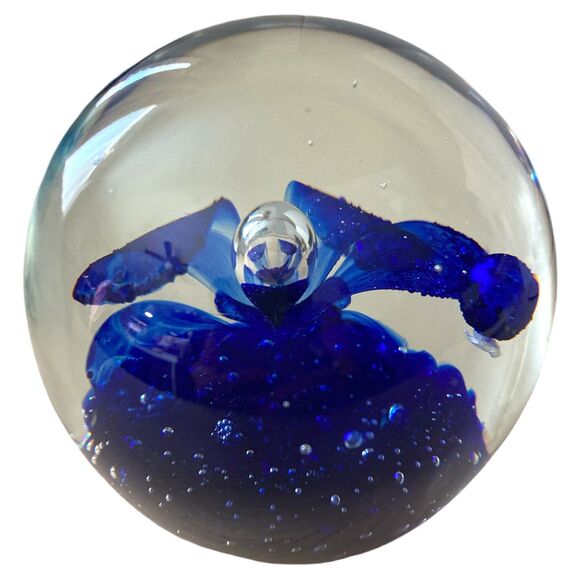 Murano Style Glass Paperweight: Blue Flower Bubble Globe, 3" Desk Decor - Picture 9 of 9